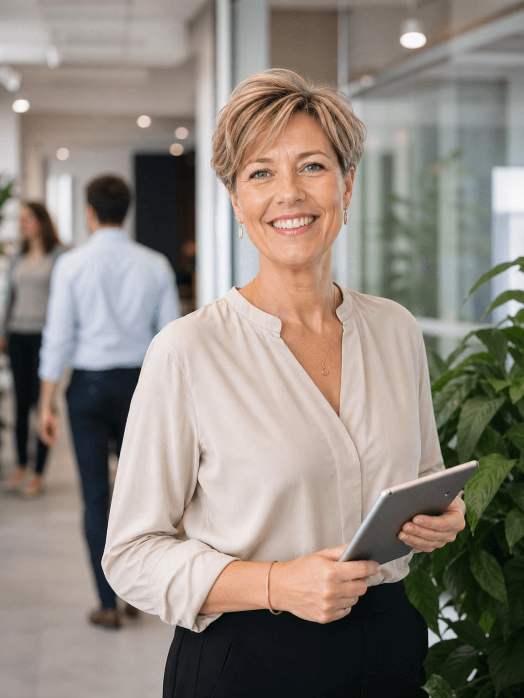 Smilende kvindelig vejleder med tablet på et moderne kontor